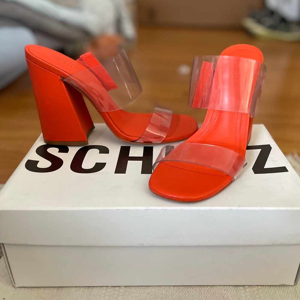 NWT Schultz 7 Victorie block heel transparent straps slide sandals